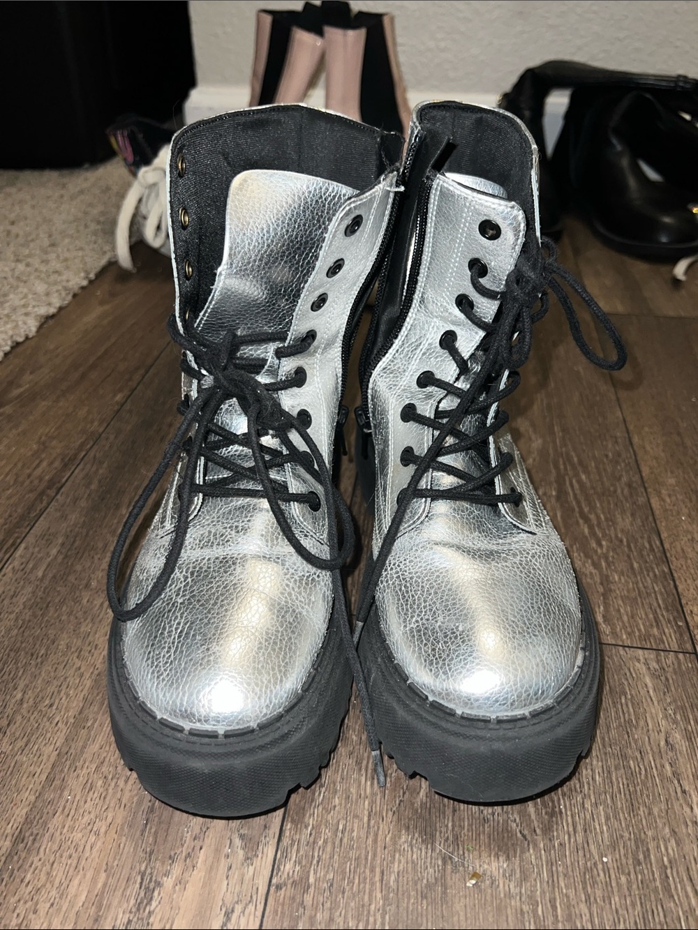 Zara Kids Silver Lace-Up Platform Combat Boots with Black Soles